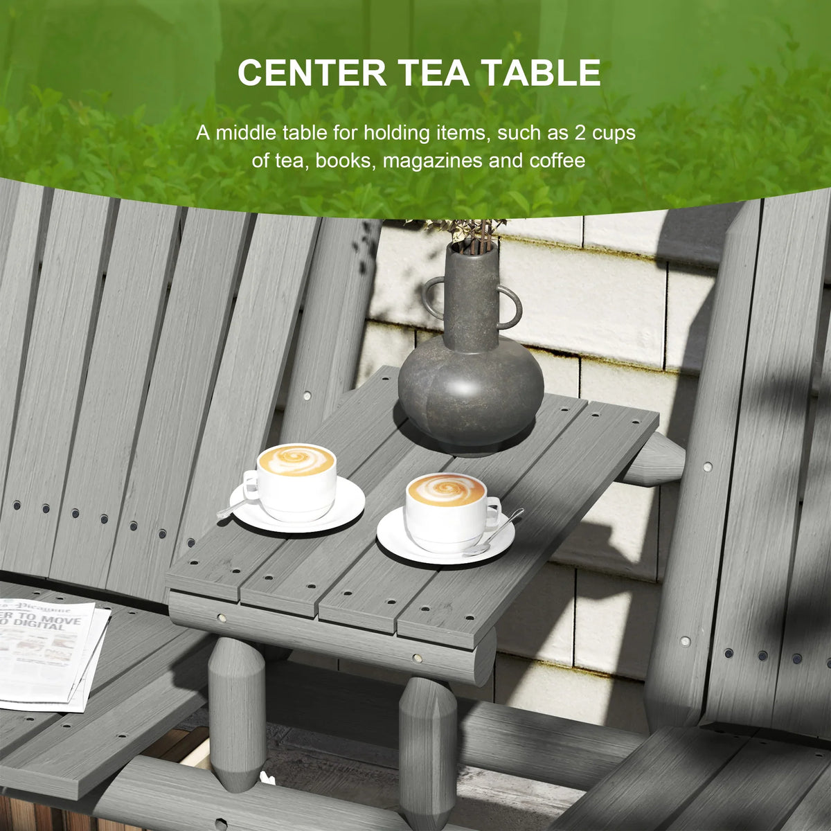Grey bench center tea table with two cups, slatted seat and side rails