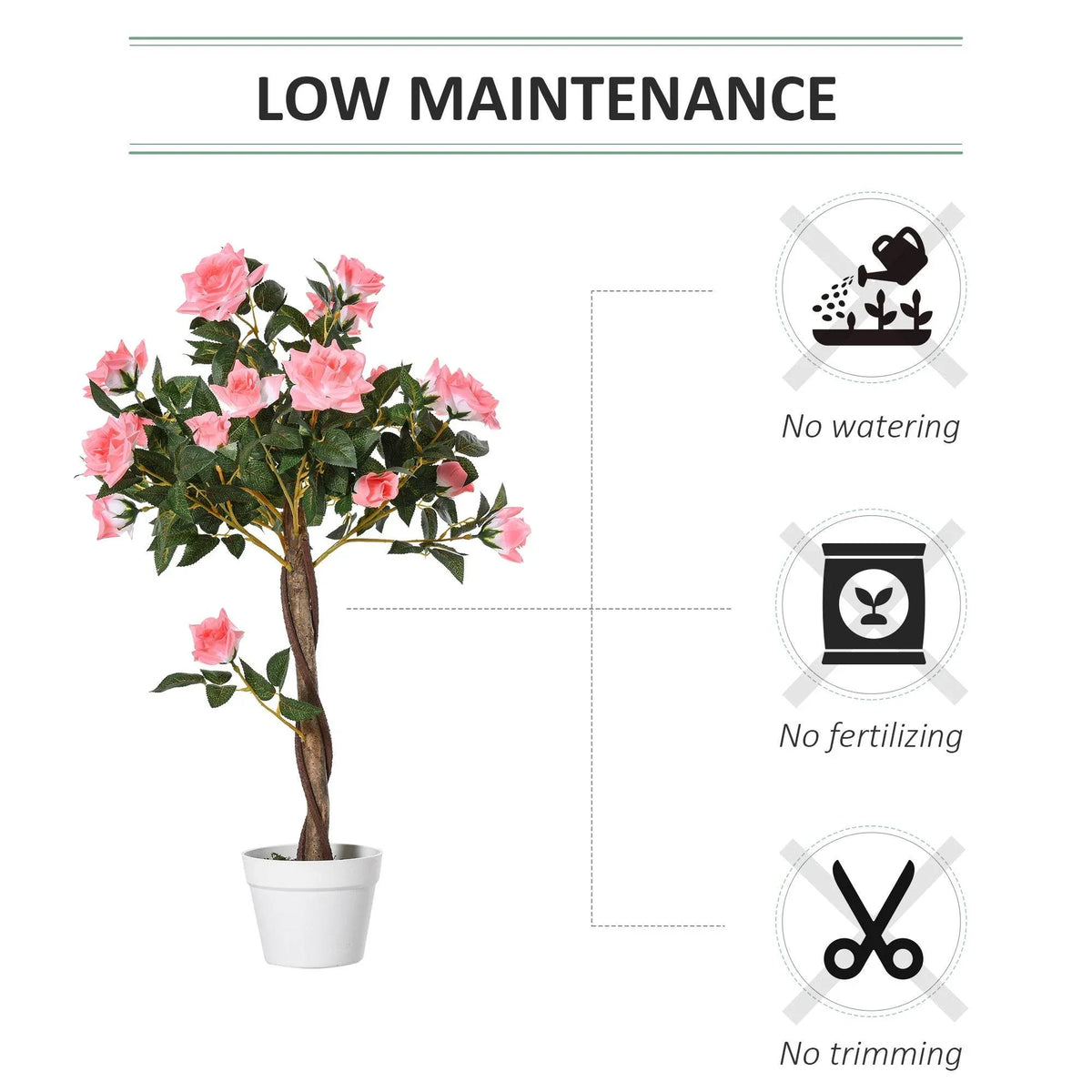 Artificial pink rose tree in white pot with low-maintenance style design