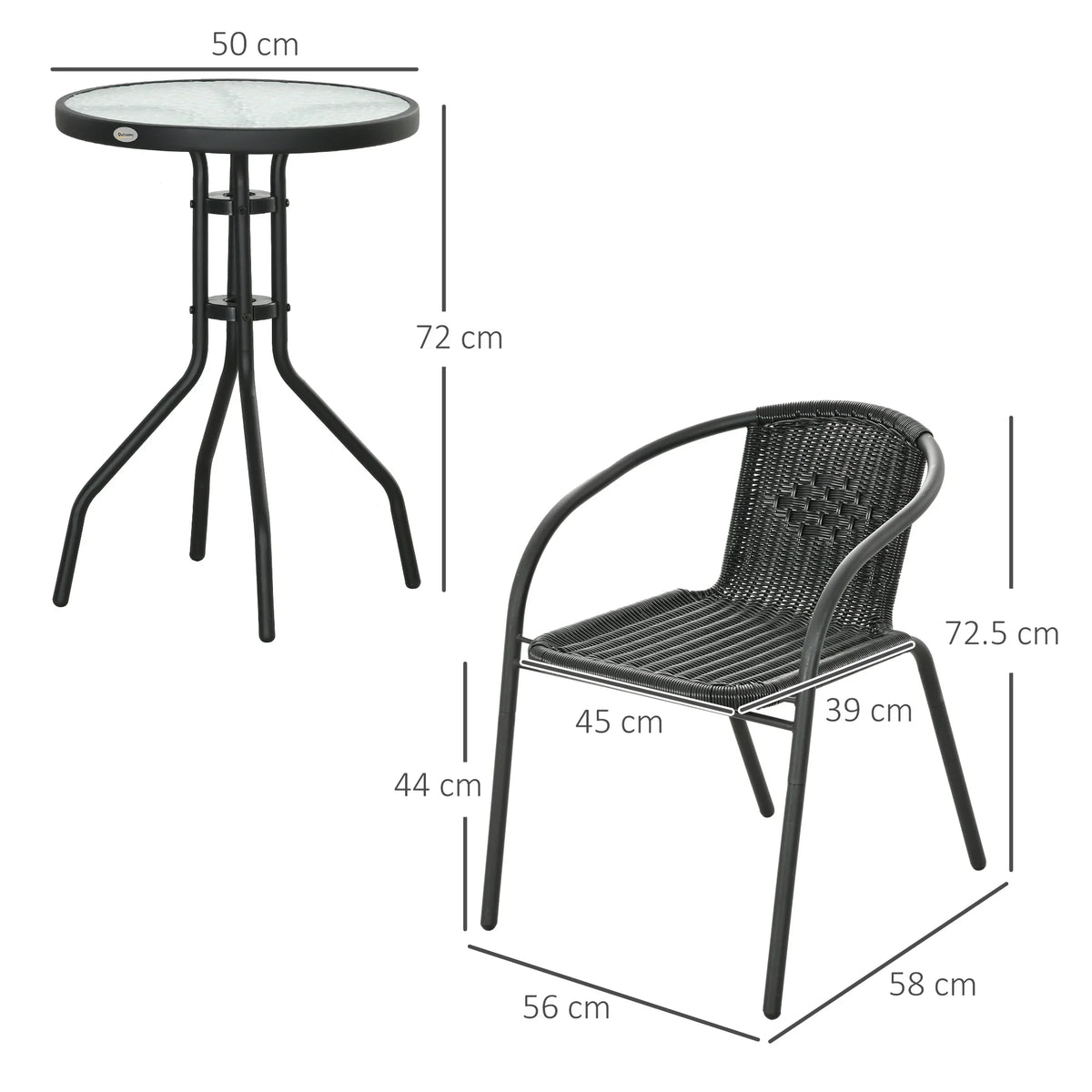 Black round bistro table with four legs and matching woven chair with curved arms