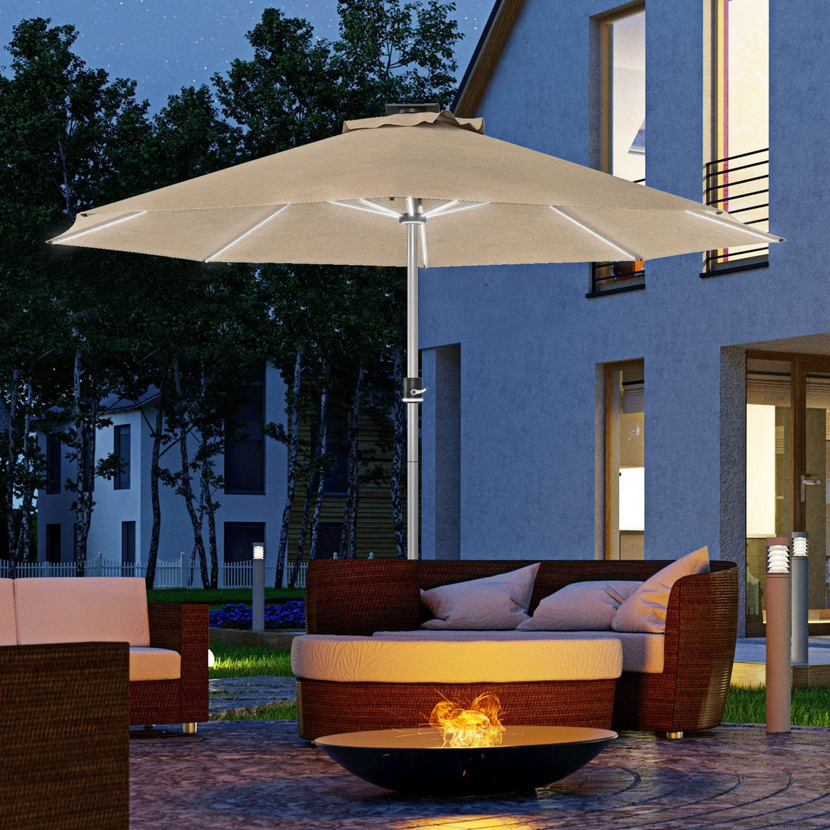 Khaki solar patio umbrella with LED lights on the center pole
