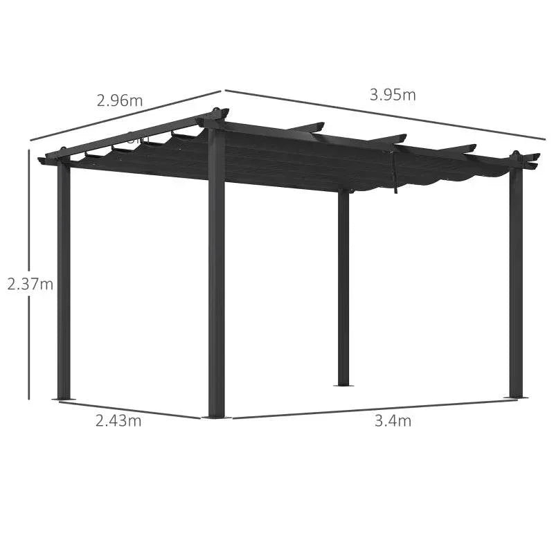 Dark grey retractable canopy pergola with four posts and roof panels, side view