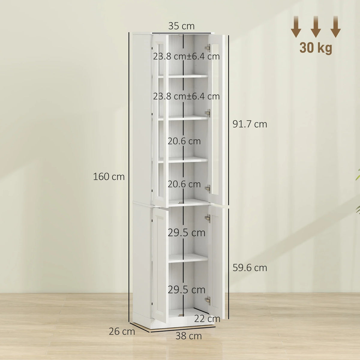 White slim tall cabinet with six-tier interior shelves, height and width diagram