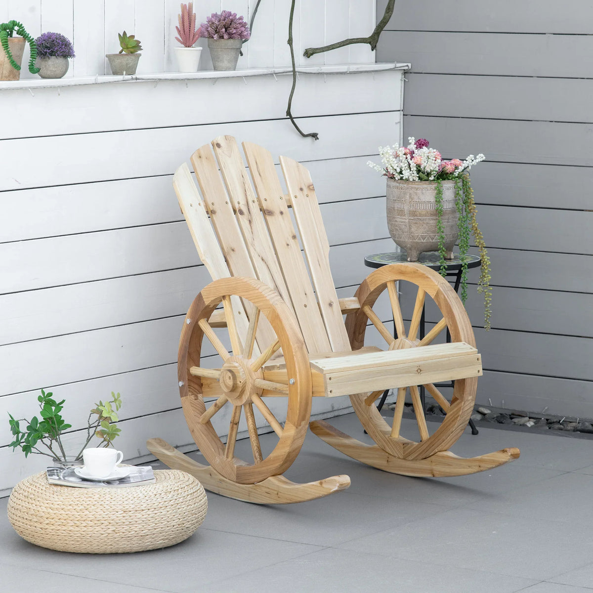 Light wood Adirondack rocking chair with slatted back and wheel-style rockers