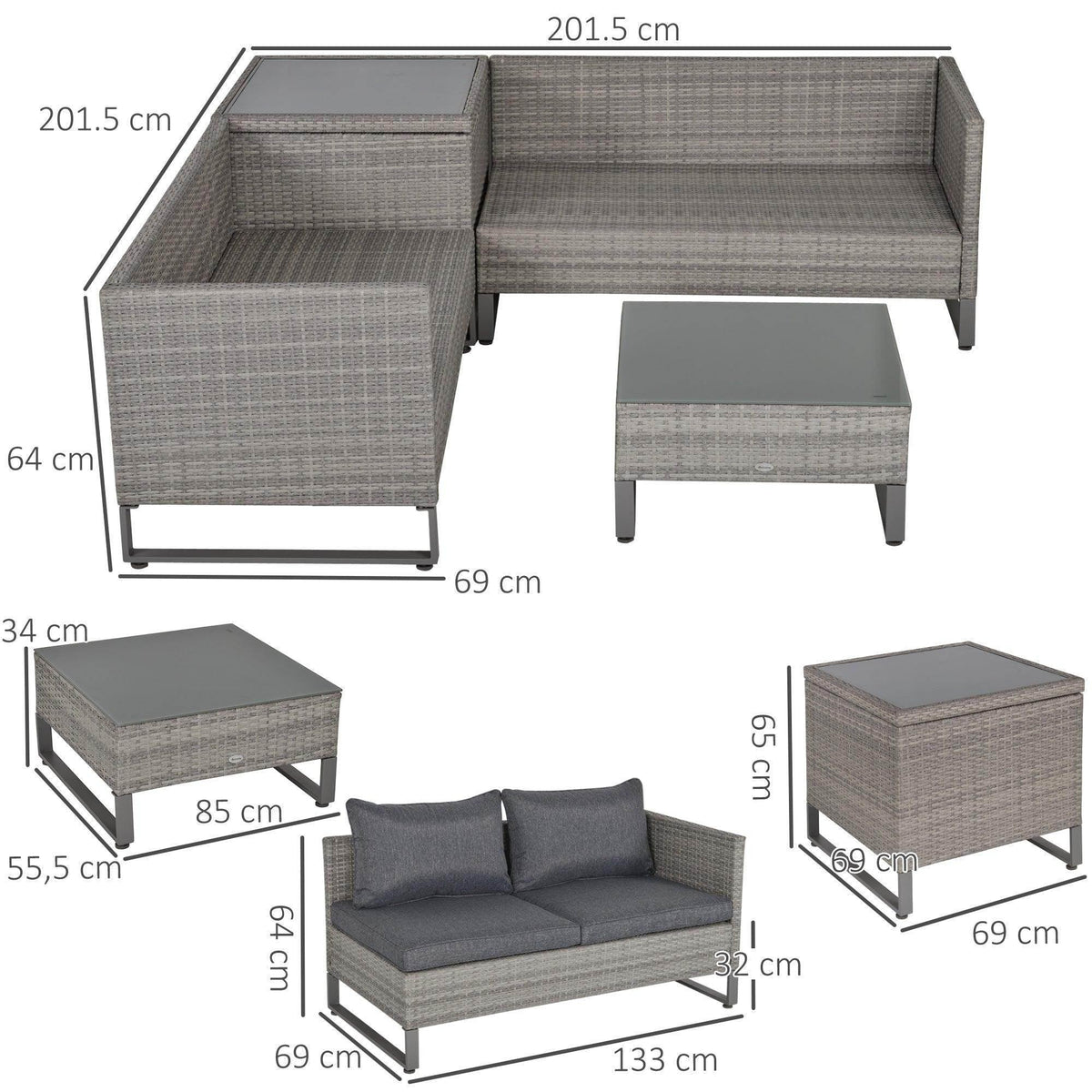 Grey PE rattan sectional sofa set with ottoman and square coffee table, with dimensions