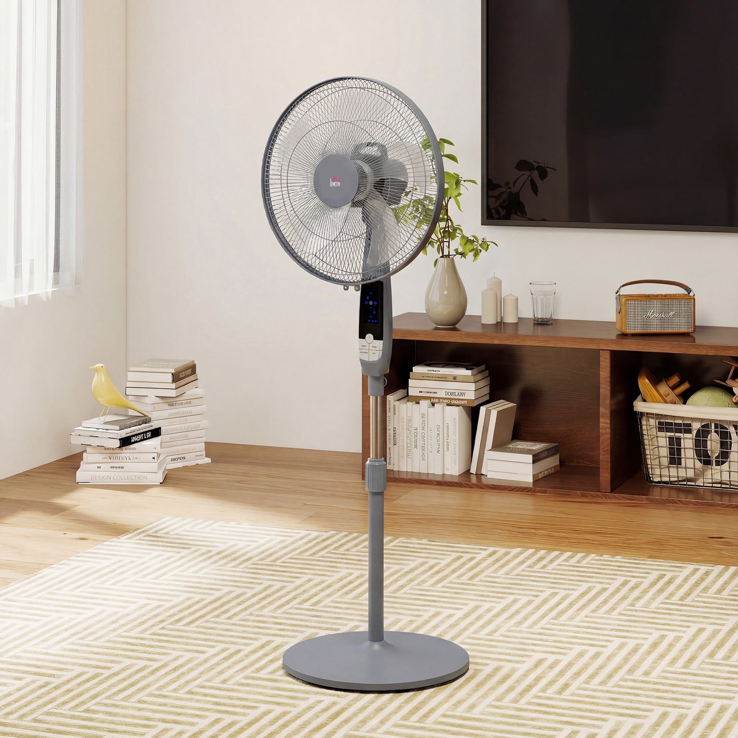 HOMCOM 16 Inch Pedestal Standing Floor Fan With Remote Control 85 Degree Oscillation 3 Speed Settings Grey