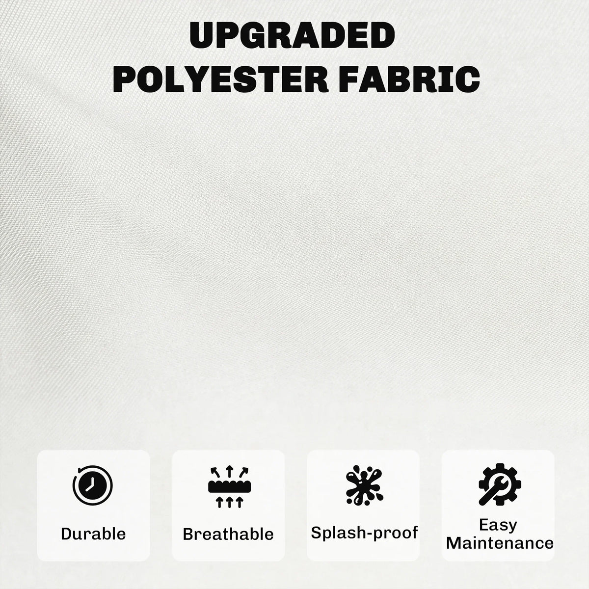 Outdoor cushion fabric icons: upgraded polyester, durable, breathable, splash-proof
