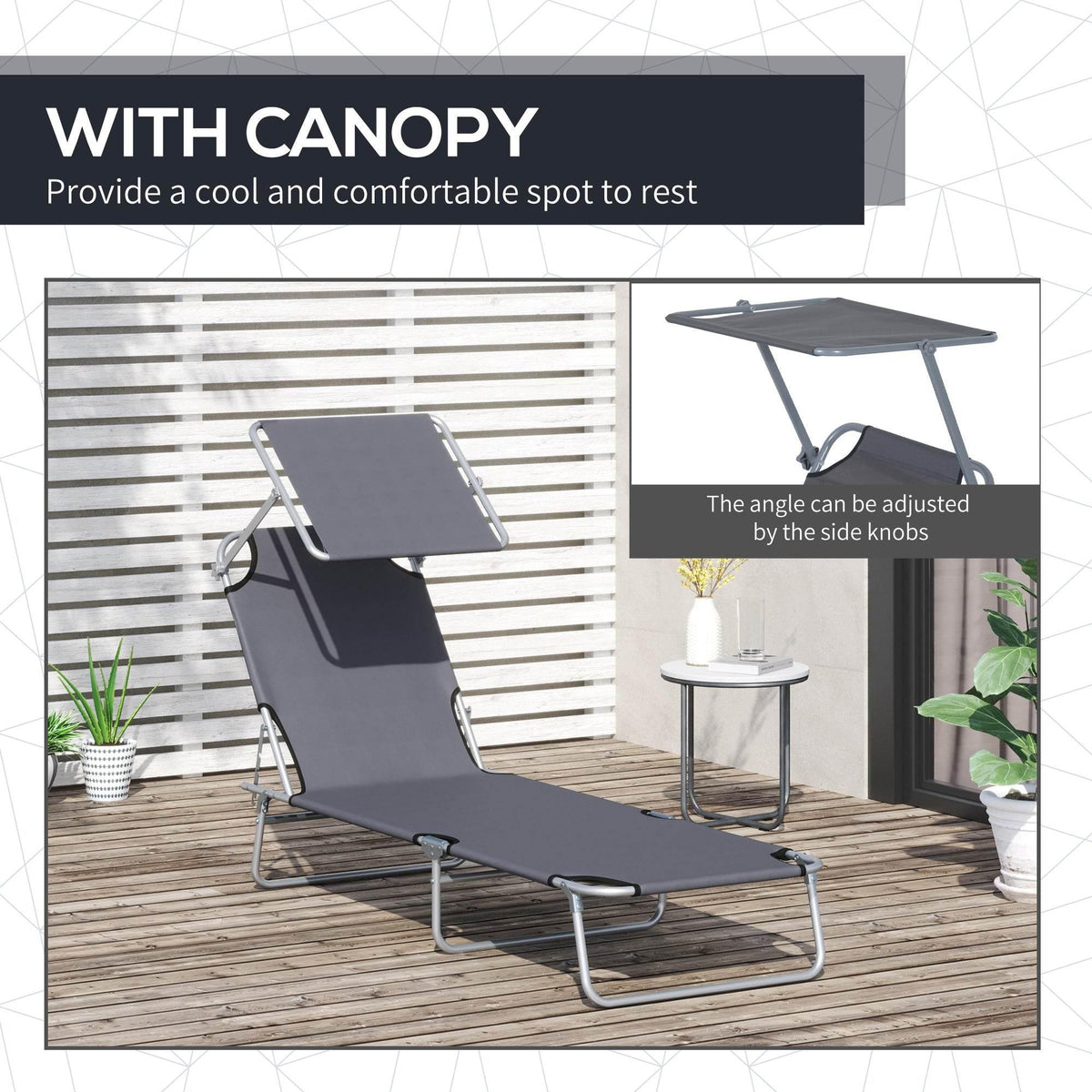 Grey reclining patio lounger with adjustable canopy for shade