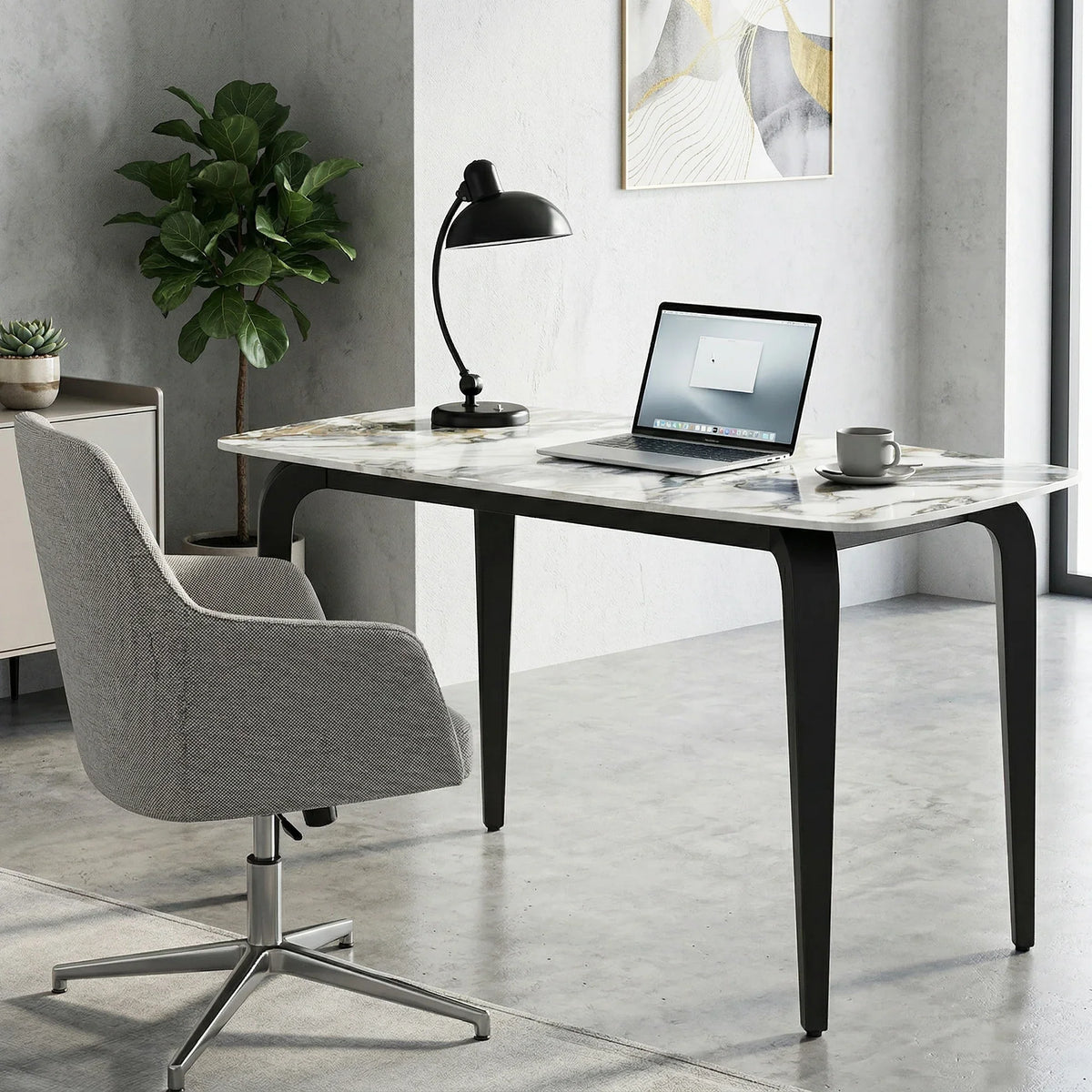 Marble-vein table with sintered stone top, dark metal legs, and a modern upholstered chair