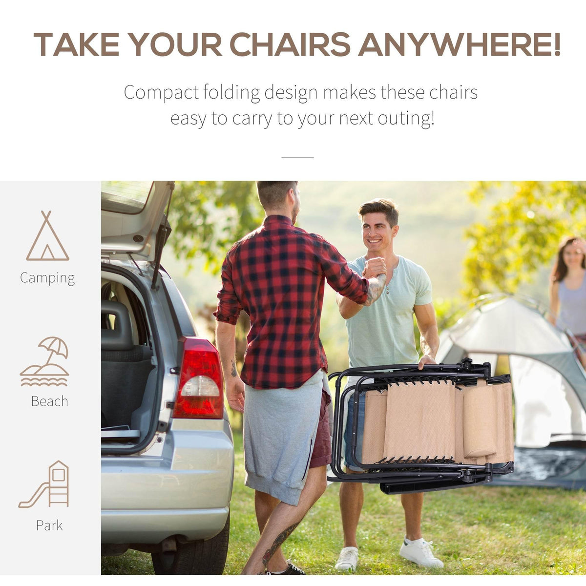 Folded beige reclining garden chair with canopy and adjustable padded back for outdoor use