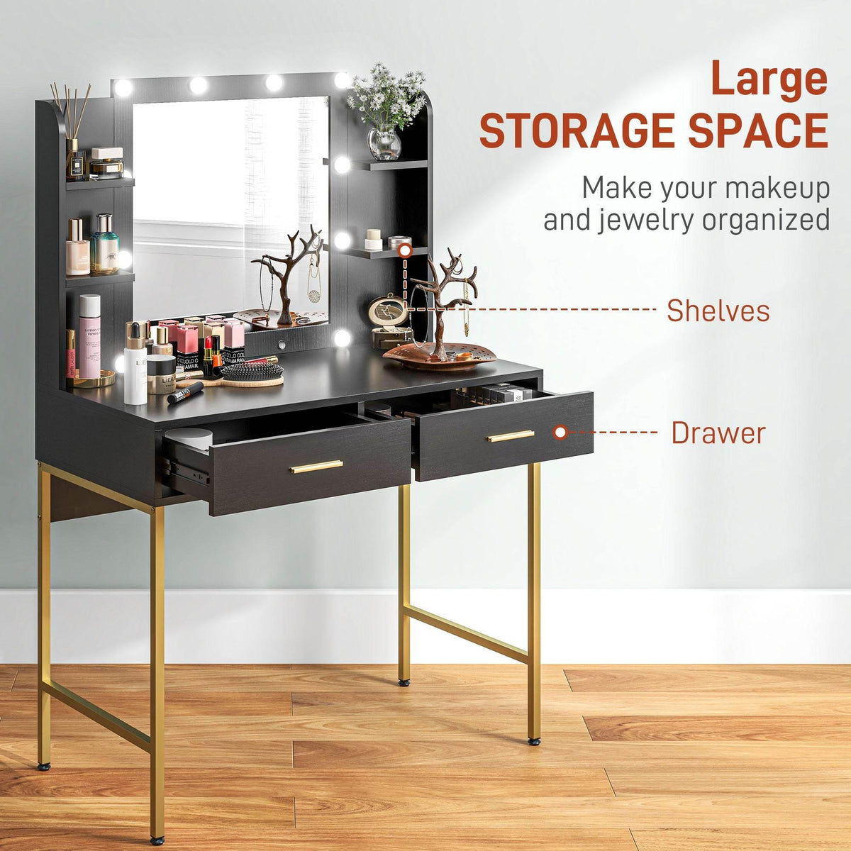 Black makeup vanity with lighted mirror, drawers, and shelves for cosmetics storage