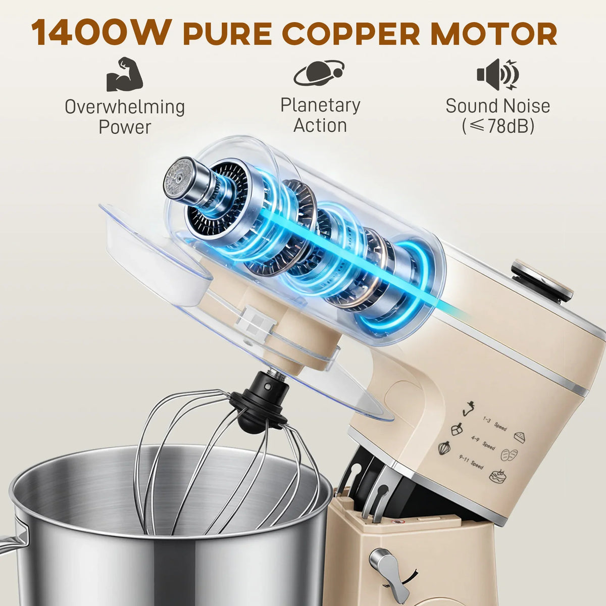 Cream tilt-head stand mixer cutaway showing internal motor and whisk motion