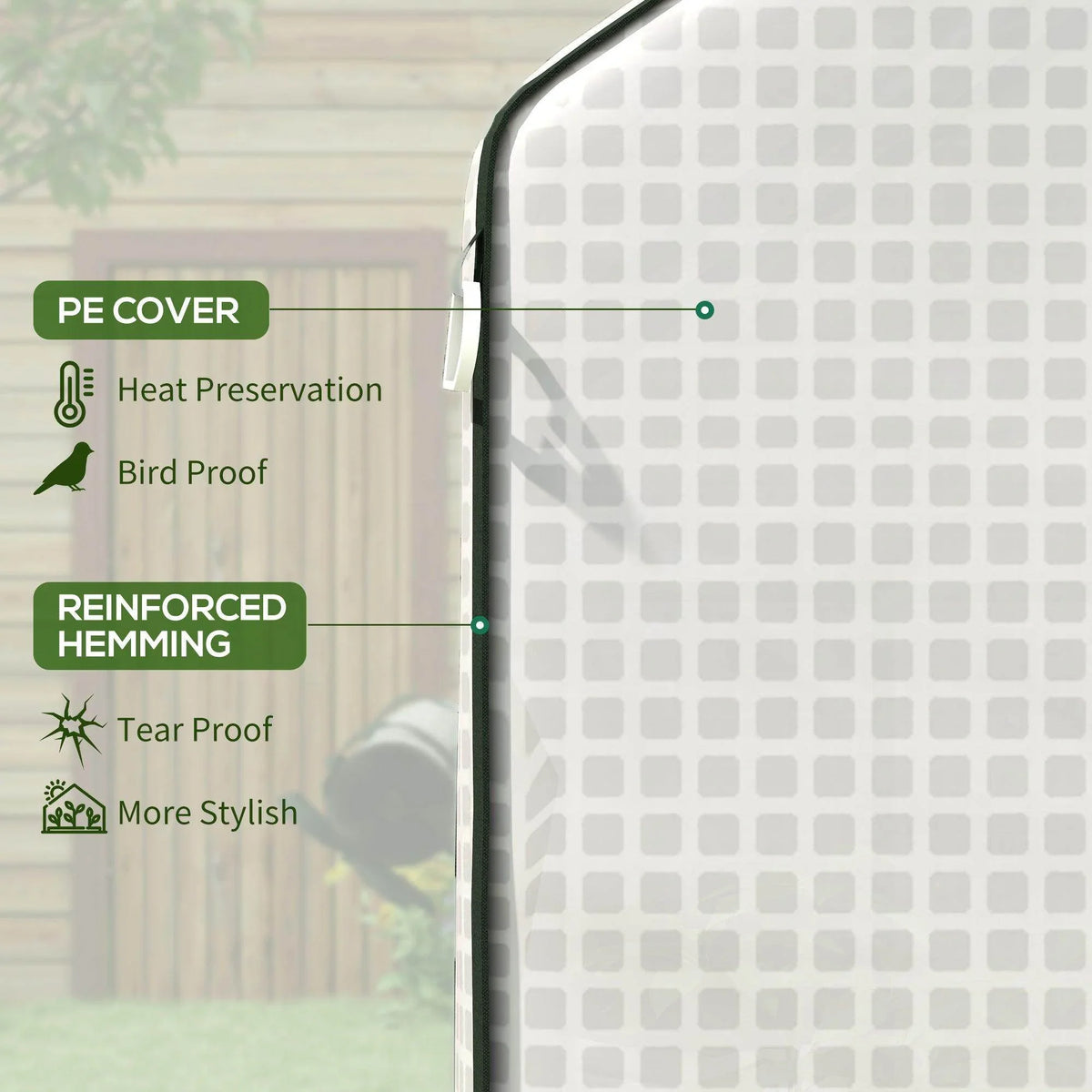 White PE greenhouse cover close-up with reinforced hem edge and textured surface