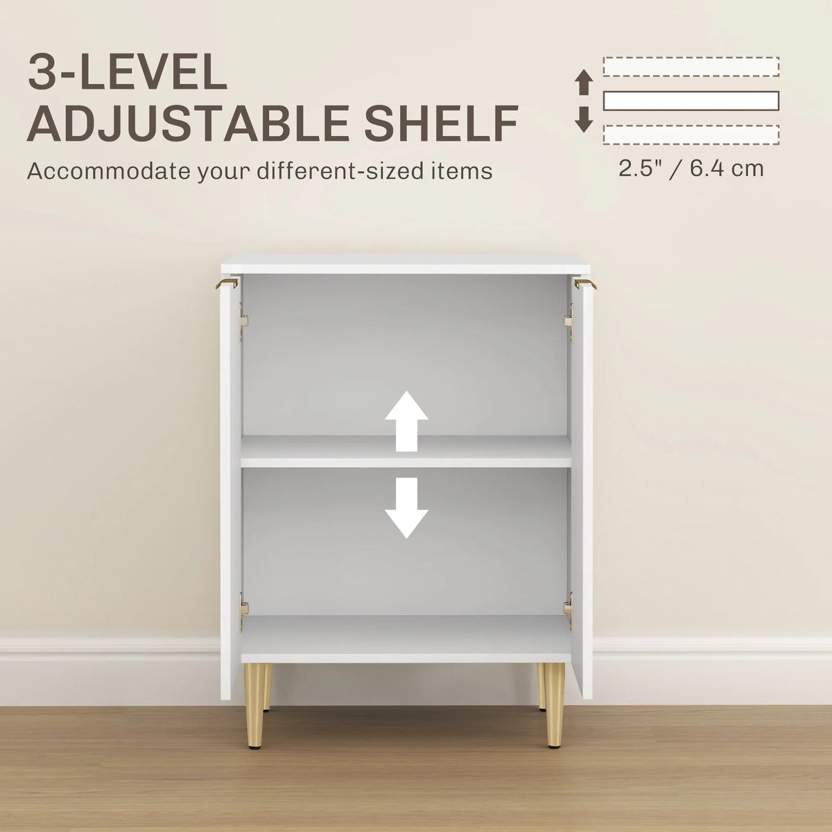 White sideboard cabinet with adjustable 3-level interior shelves, open door view