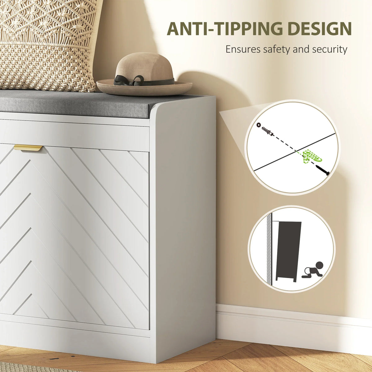 White shoe storage bench side with anti-tip design for stable entryway use