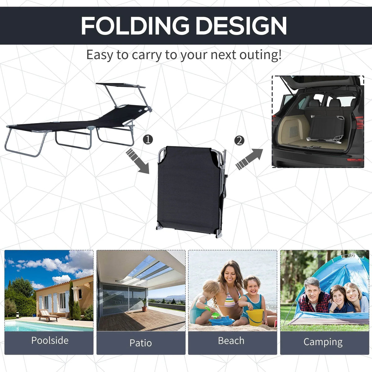 Outsunny black folding sun lounger with carry bag and compact folded design