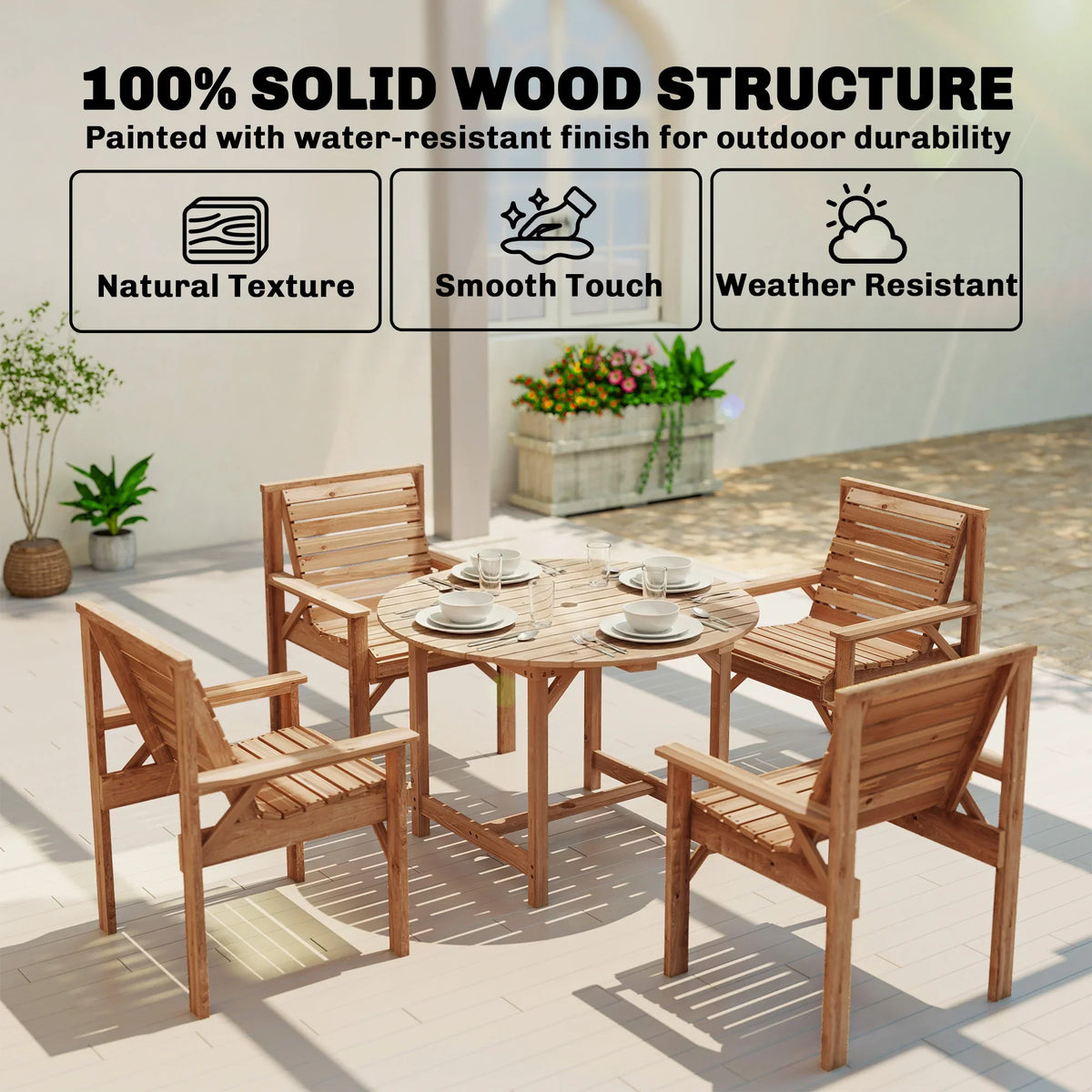 Natural wood outdoor dining set with round table and four slatted chairs