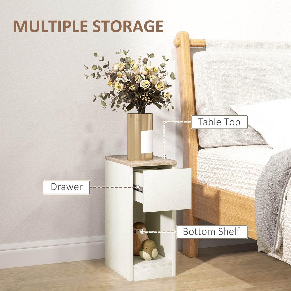White nightstand storage unit with drawer and bottom shelf, light wood table top.
