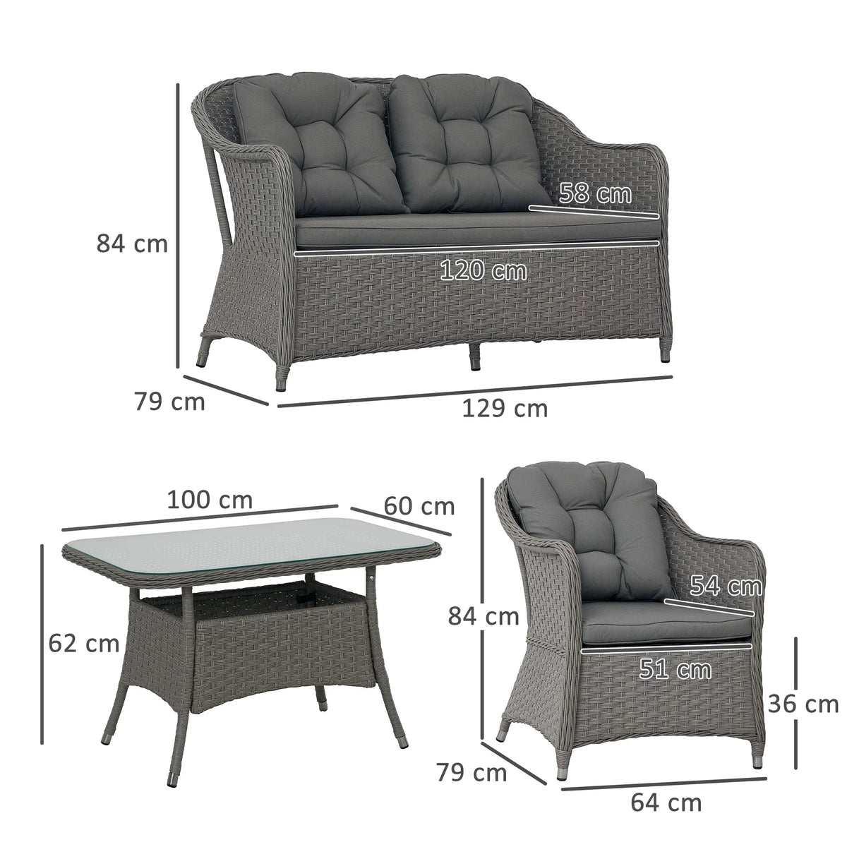 Dark gray rattan-style patio armchairs and rectangular glass-top table shown with dimensions