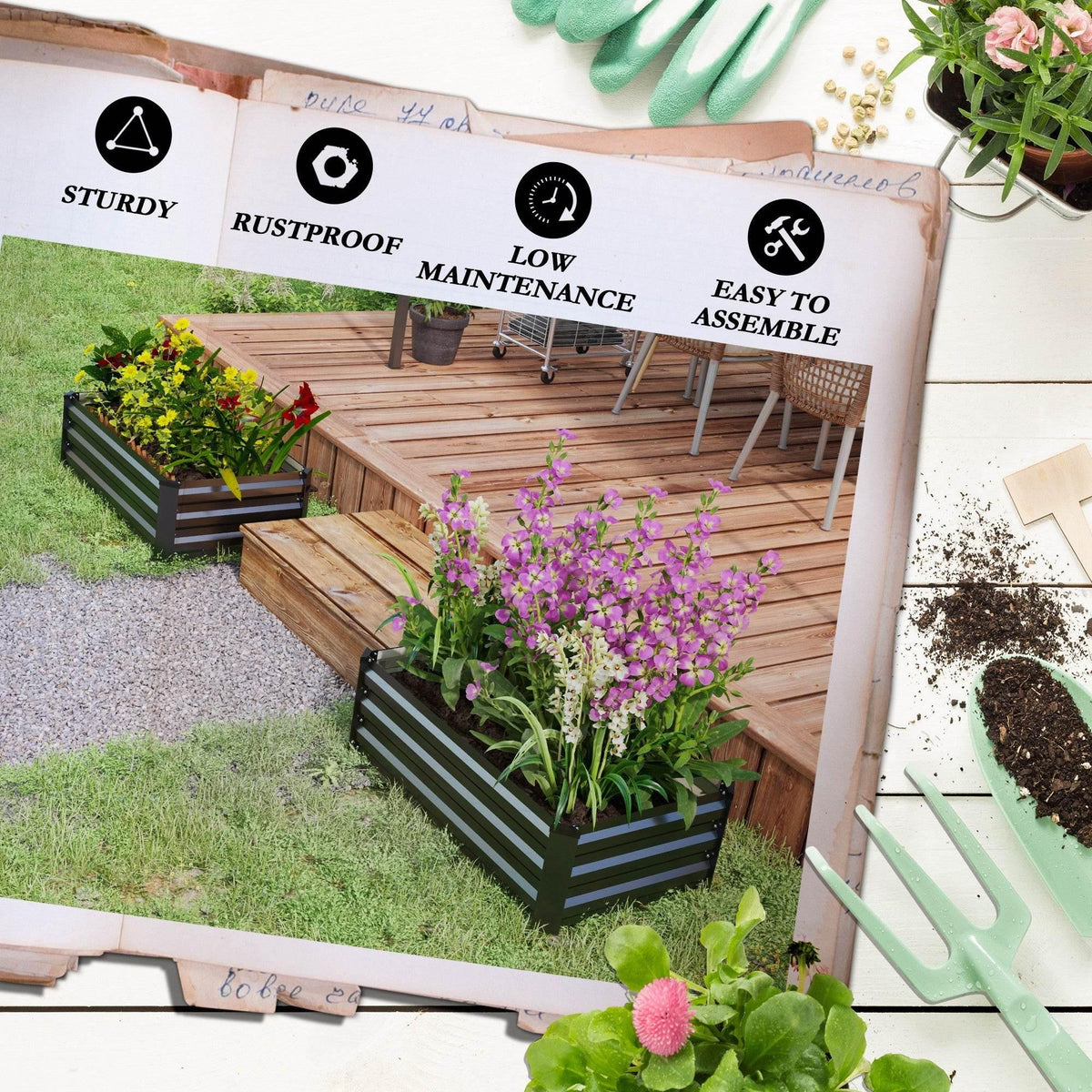 Dark grey set of two elevated garden planter boxes graphic with feature icons