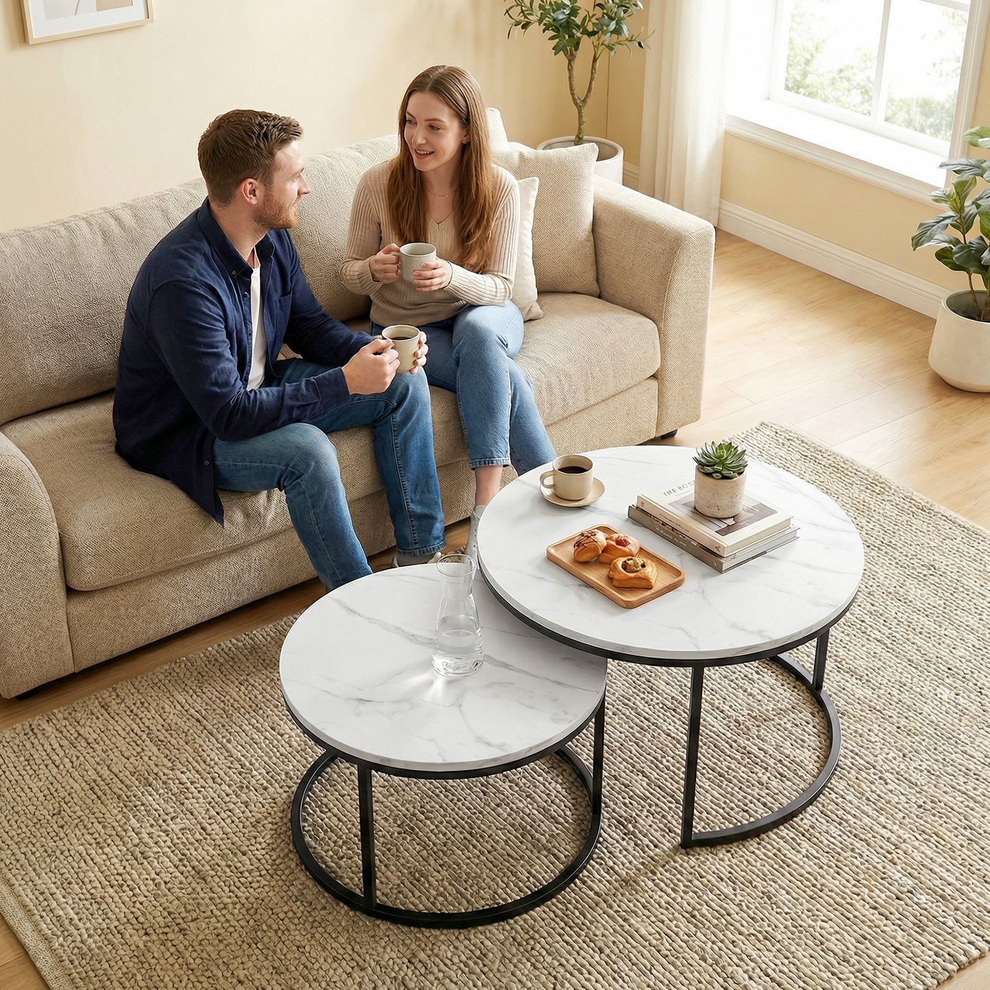HOMCOM Marble Effect Stacking Tables Set Of Two White With Steel Bases For Space Saving Overlapping Design