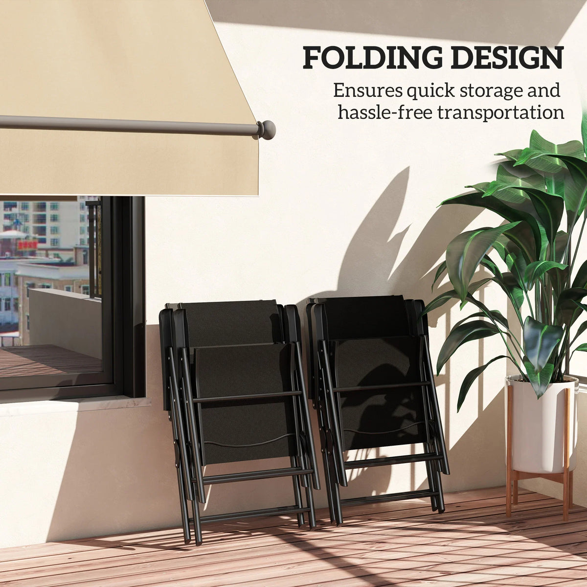 Stacked black folding outdoor chairs with powder-coated steel frames