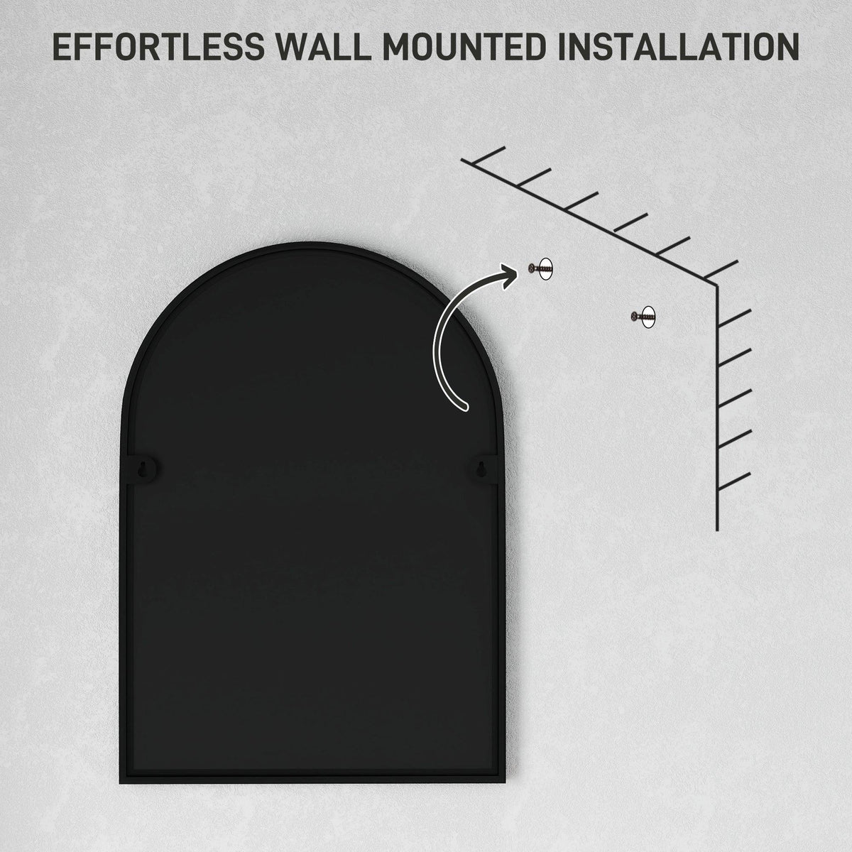 Arched wall mirror with black frame and mounting hardware for easy install