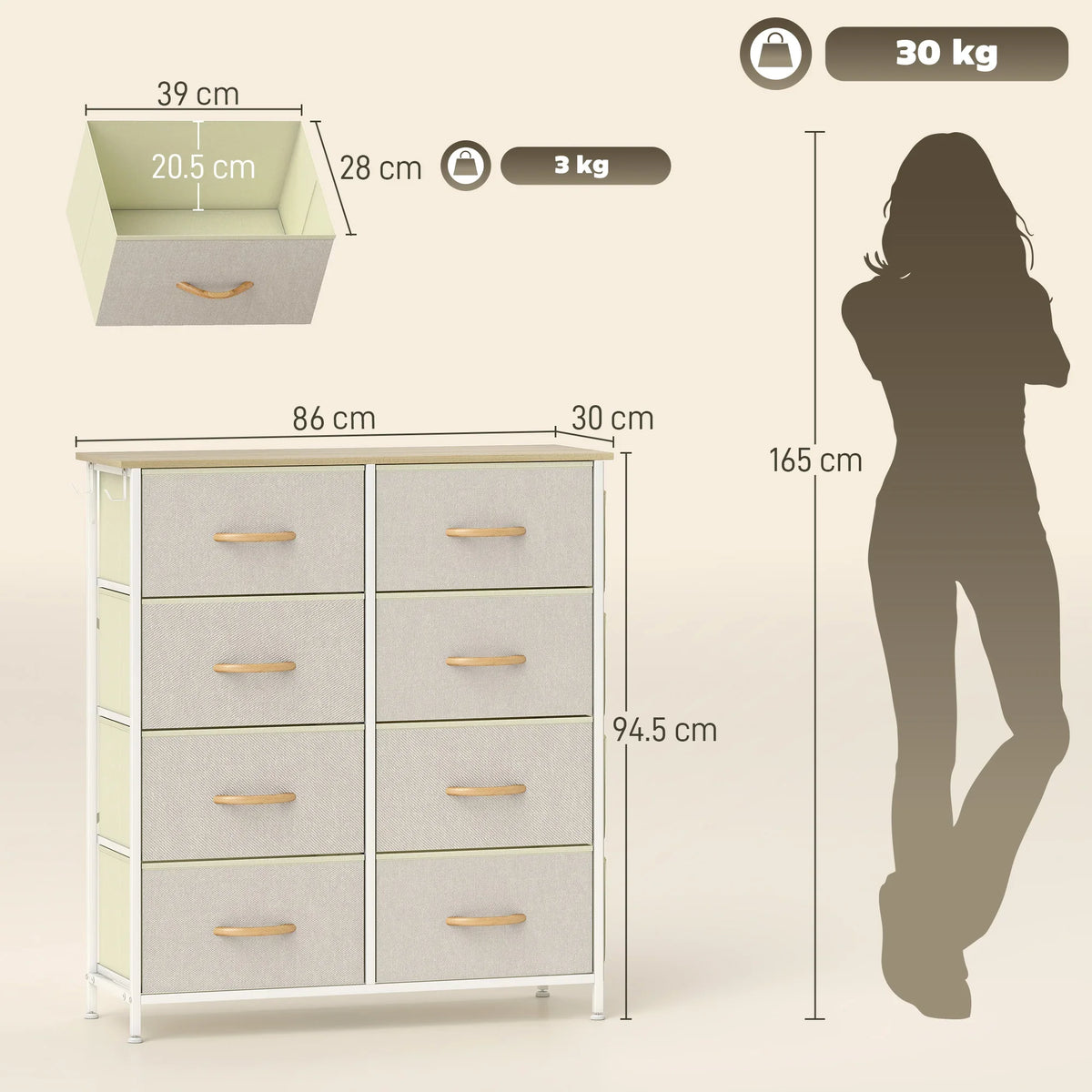 Beige fabric drawer chest with eight drawers and steel X frame, side pockets, hooks