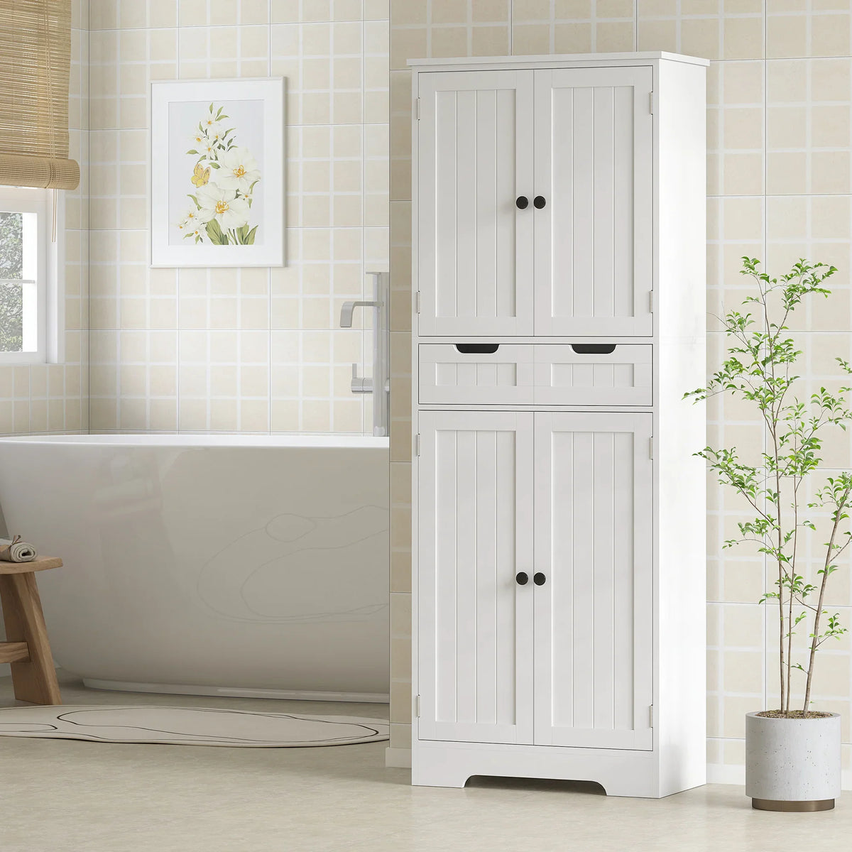 White tall storage cabinet with drawer and four-panel doors, double cupboard layout