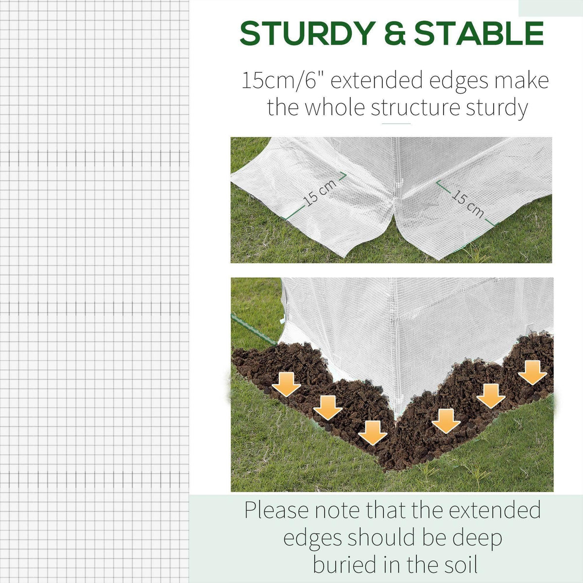 White greenhouse PE cover with reinforced 15 cm extended edges for securing