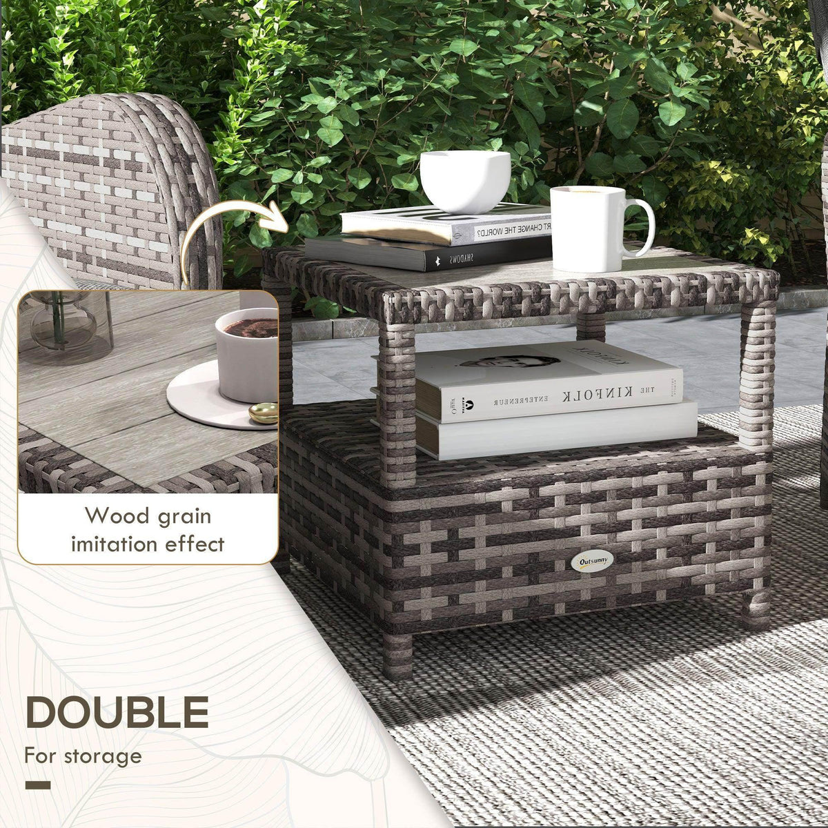 Patio rattan storage coffee table with dark gray cushion lounge seating