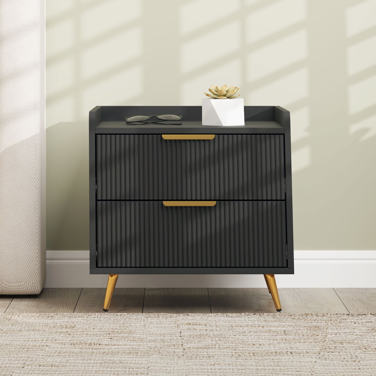 HOMCOM Elegant Two Drawer Bedside Table Set Of Two In Black With Ridged Fronts And Gold Tone Handles