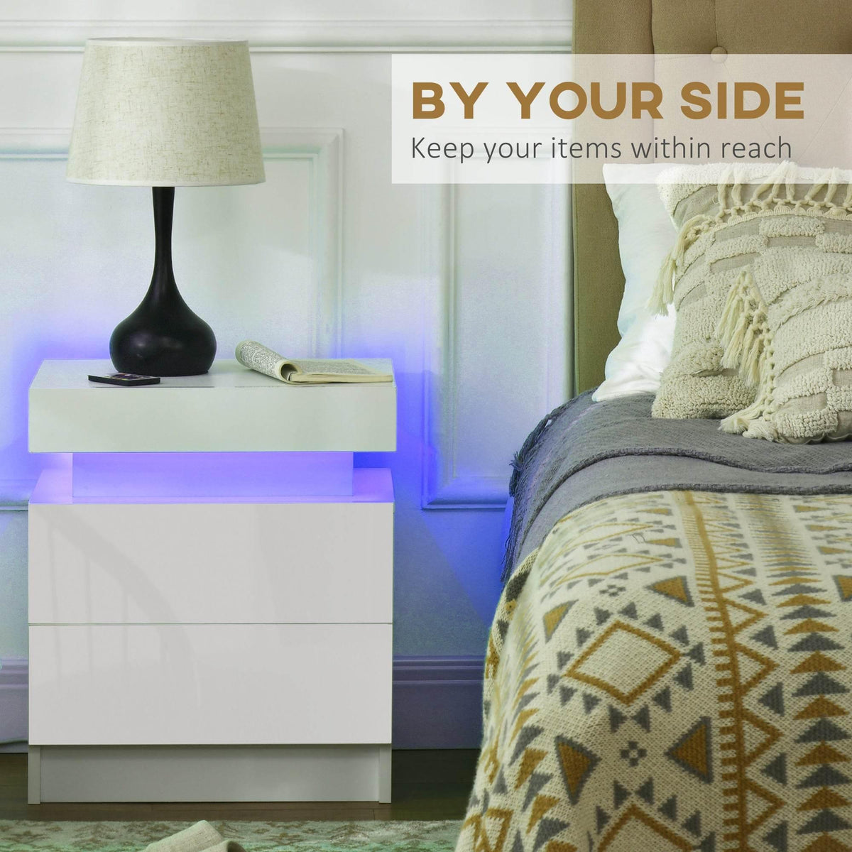 White LED nightstand with dual drawers and colored light glow beside a bed