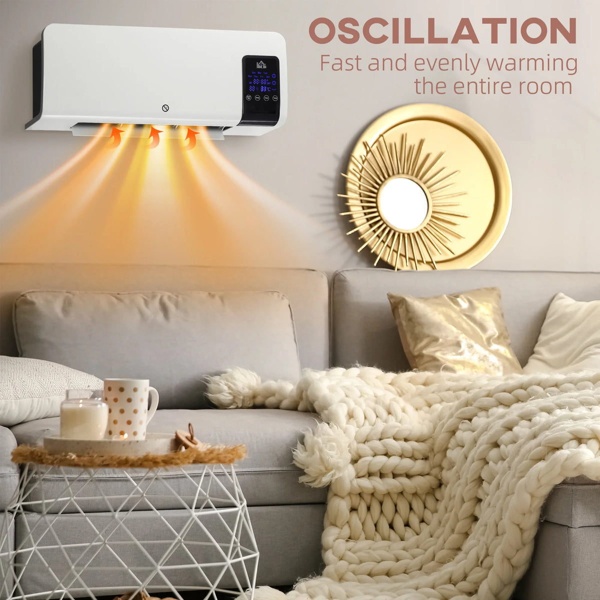 Wall-mounted white heater with digital display and oscillating warm air rays