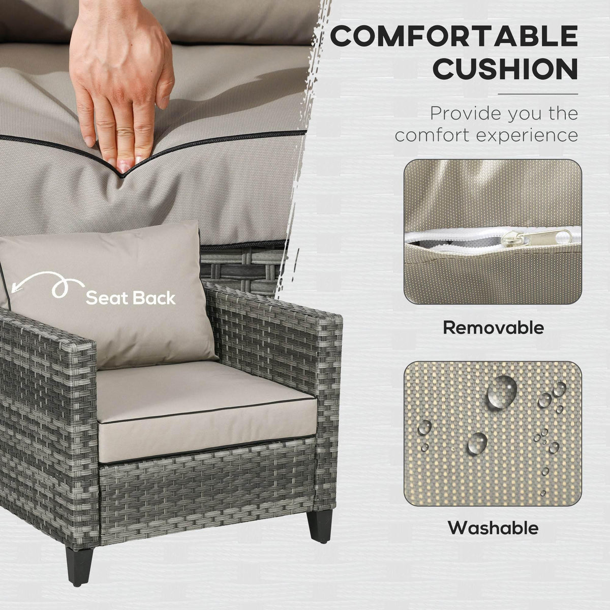 Grey outdoor sofa cushion set with removable, washable comfort padding