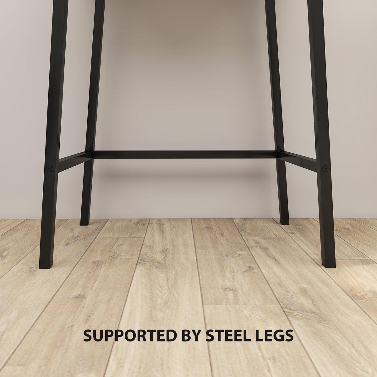 Black steel legs under a wood-effect vanity desk frame with open underside