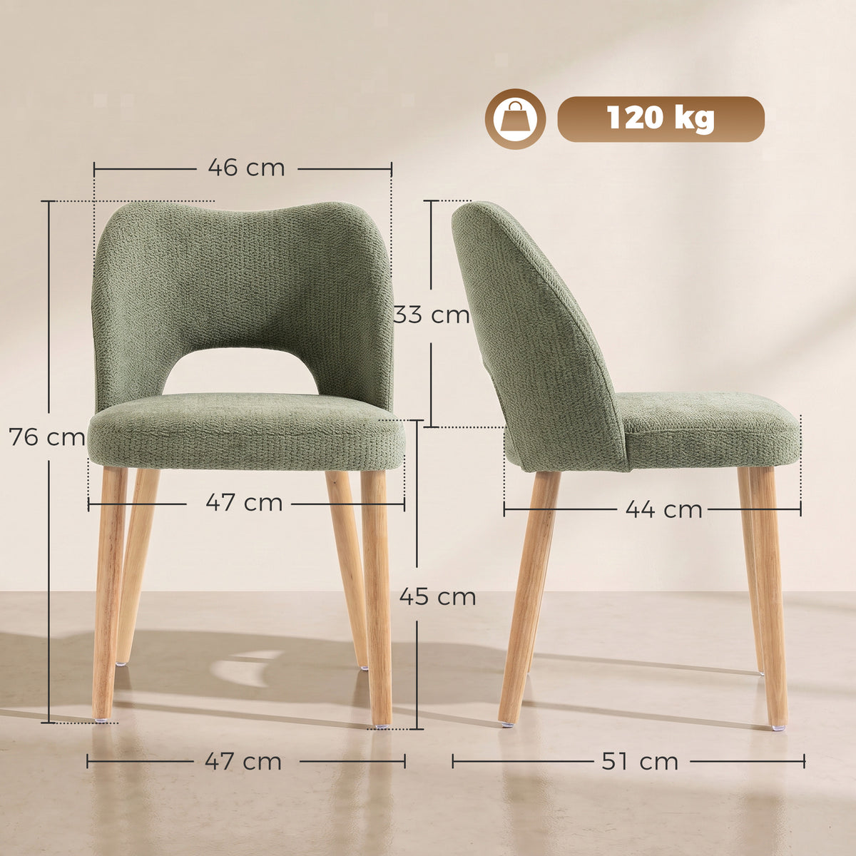 Green chenille dining chair with curved back, armrests, and light wood legs