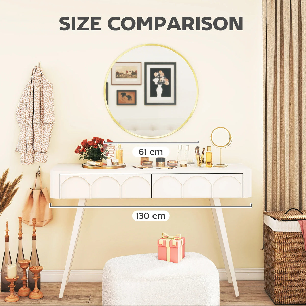 Round wall mirror size comparison, 61 cm diameter gold-tone frame