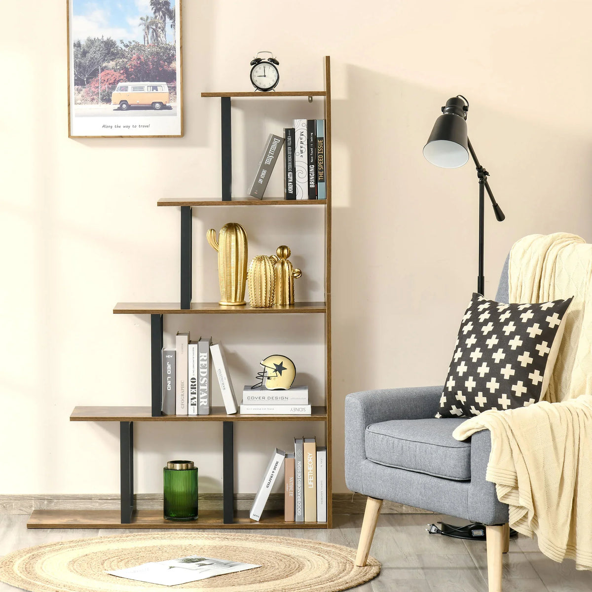 Rustic brown 5-tier ladder bookshelf with open shelves and black metal frame for home decor