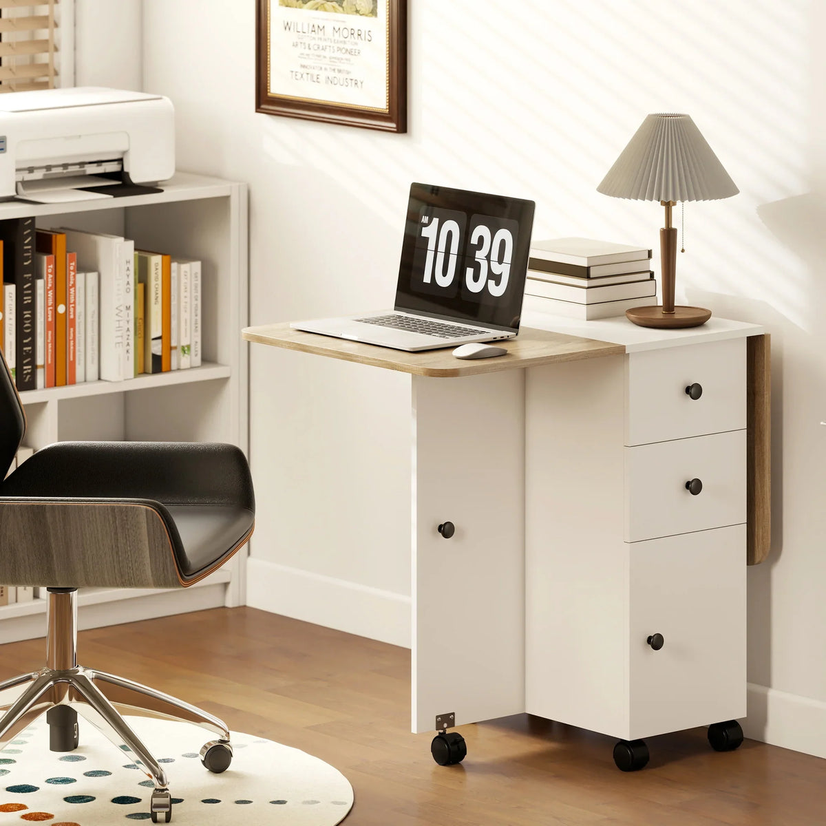 Compact drop-leaf folding table with white base, oak top, drawers, and rolling casters