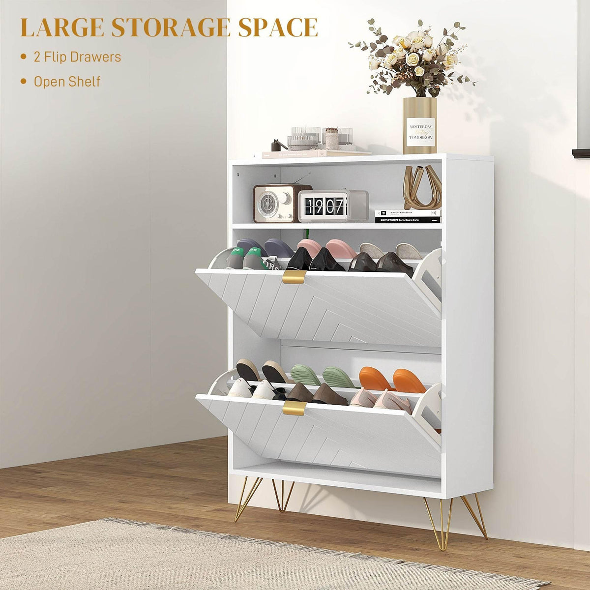 White shoe cabinet with open flip drawers and 3-tier shelves, storing multiple shoe pairs.