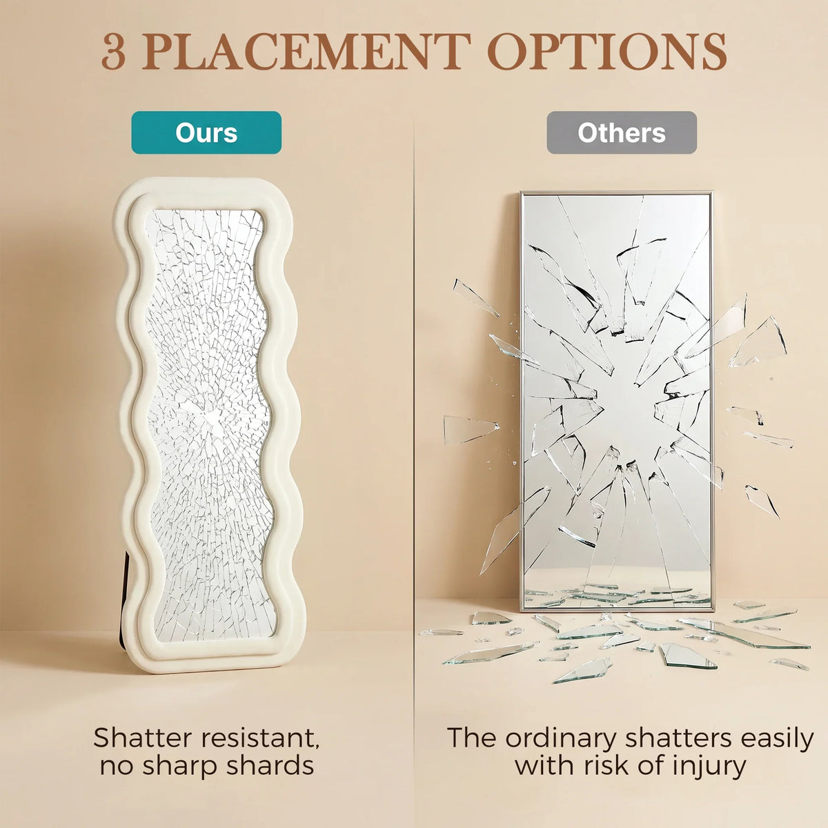 Full-length mirror with cream wavy velvet frame and clear tempered glass