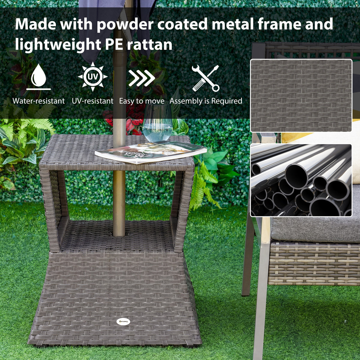 Dark grey wicker outdoor side table with open shelf and sturdy frame