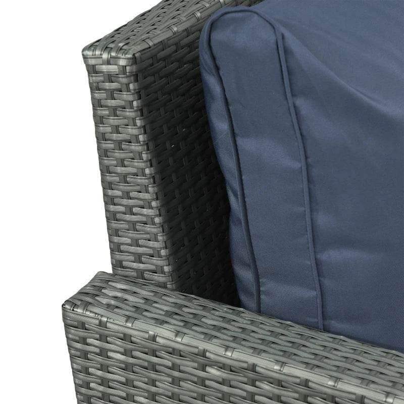 Gray PE rattan armchair with blue cushion and woven side panel