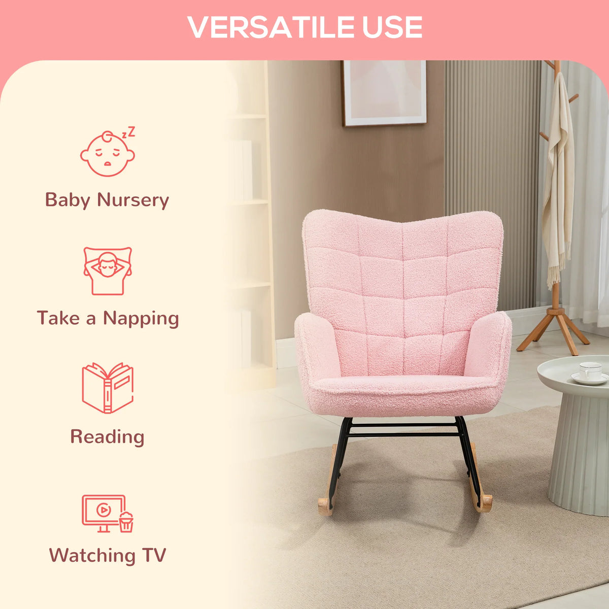 Pink plush wingback rocking chair with high back and armrests on wooden rockers