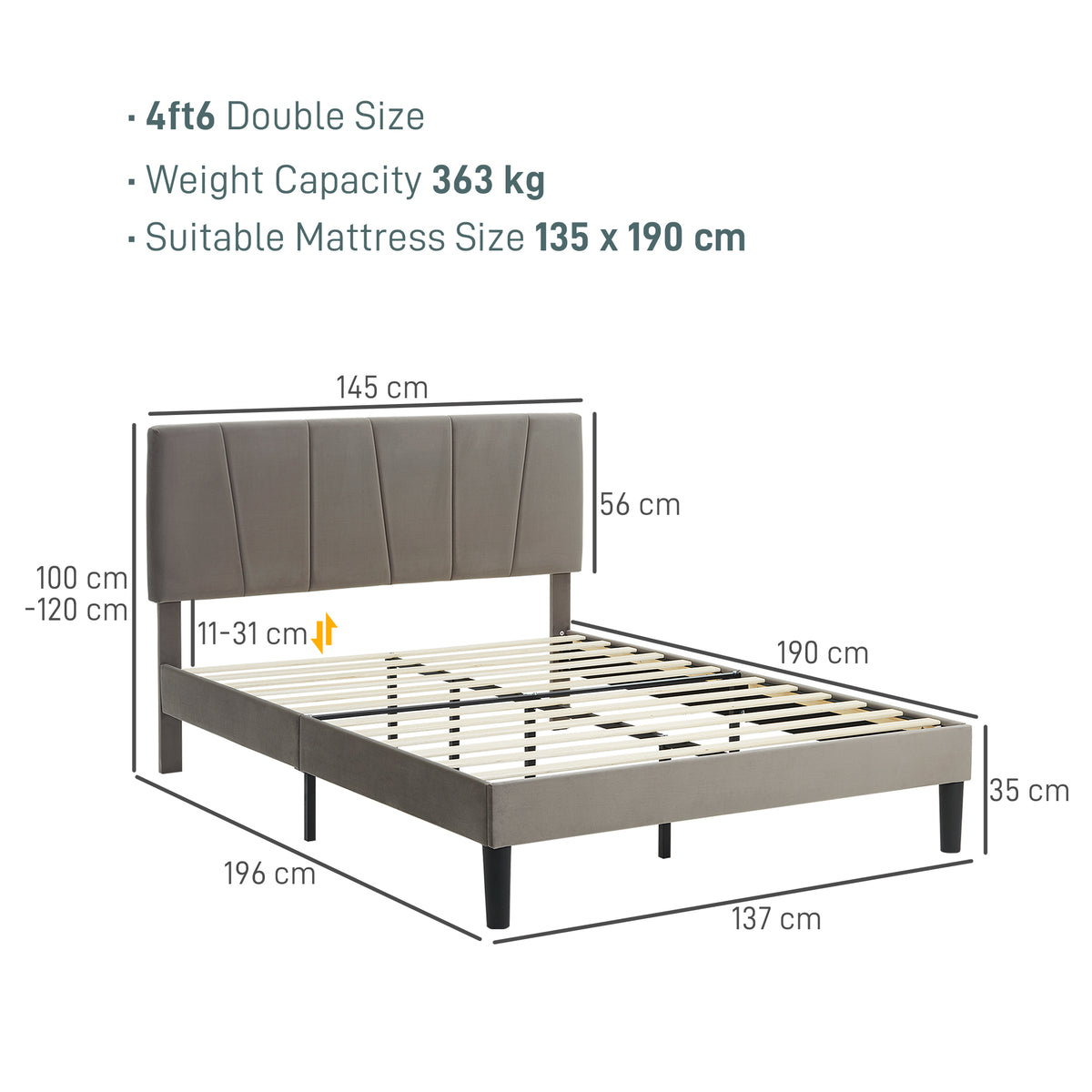 Grey double bed frame with slatted base and tall paneled headboard