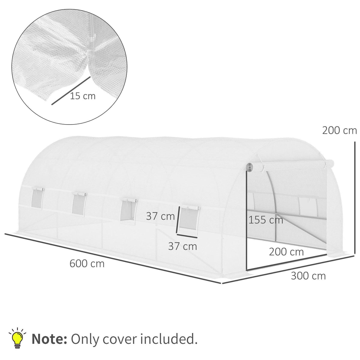 White PE greenhouse replacement cover with roll-up windows and door, size diagram