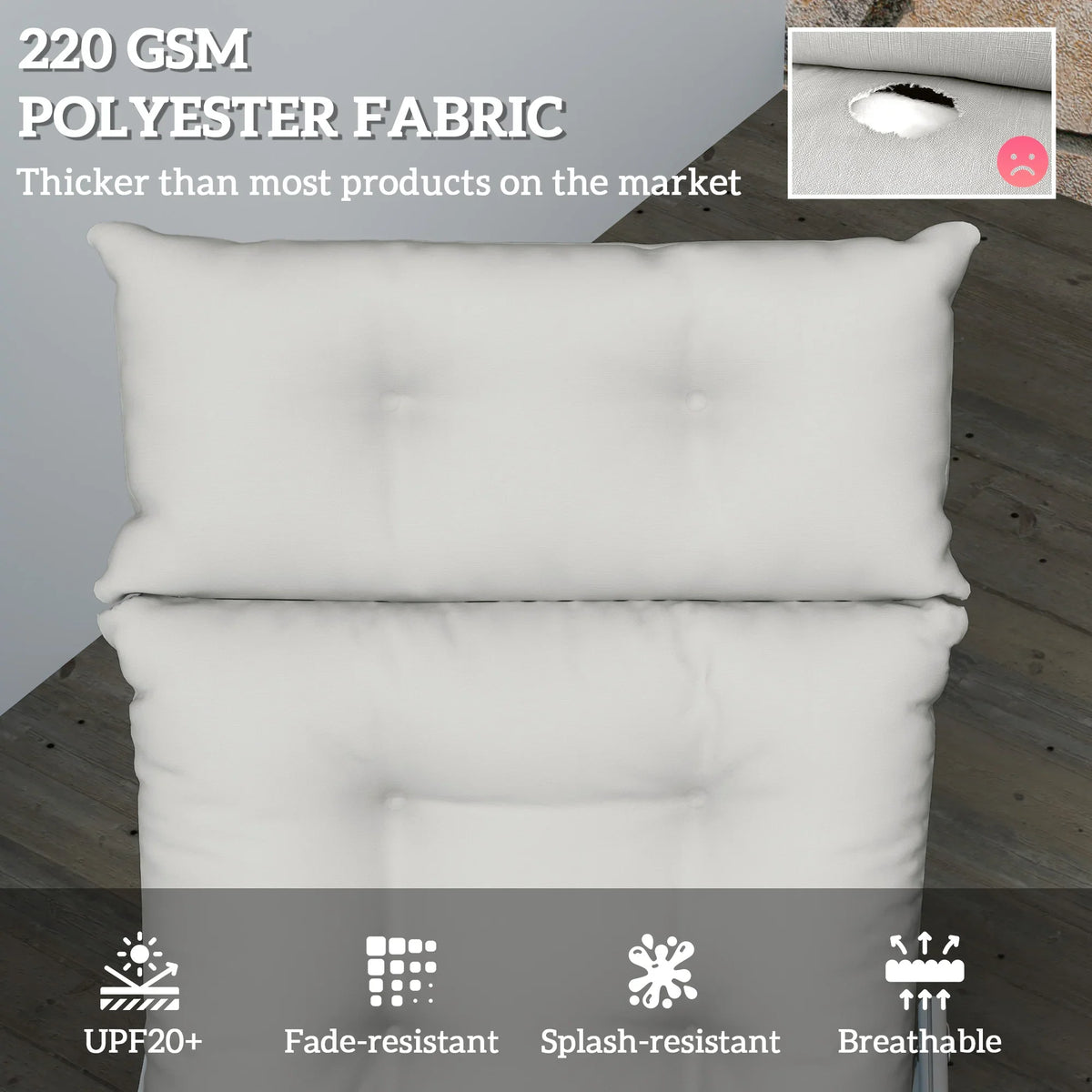 Light grey thick sun lounger cushion with tufted surface and stacked back pad