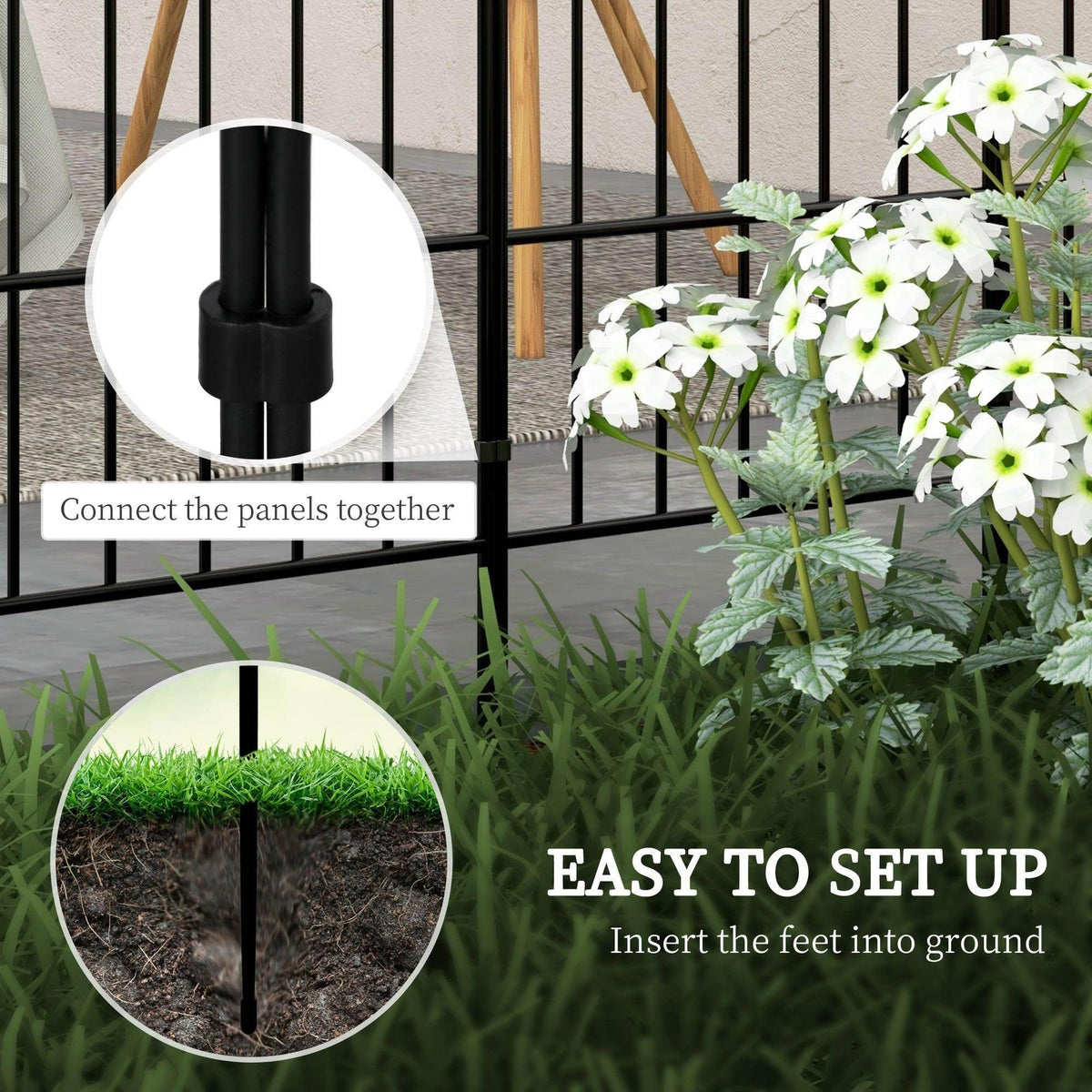 Black metal fence panel with ground insert feet and connector details for assembly