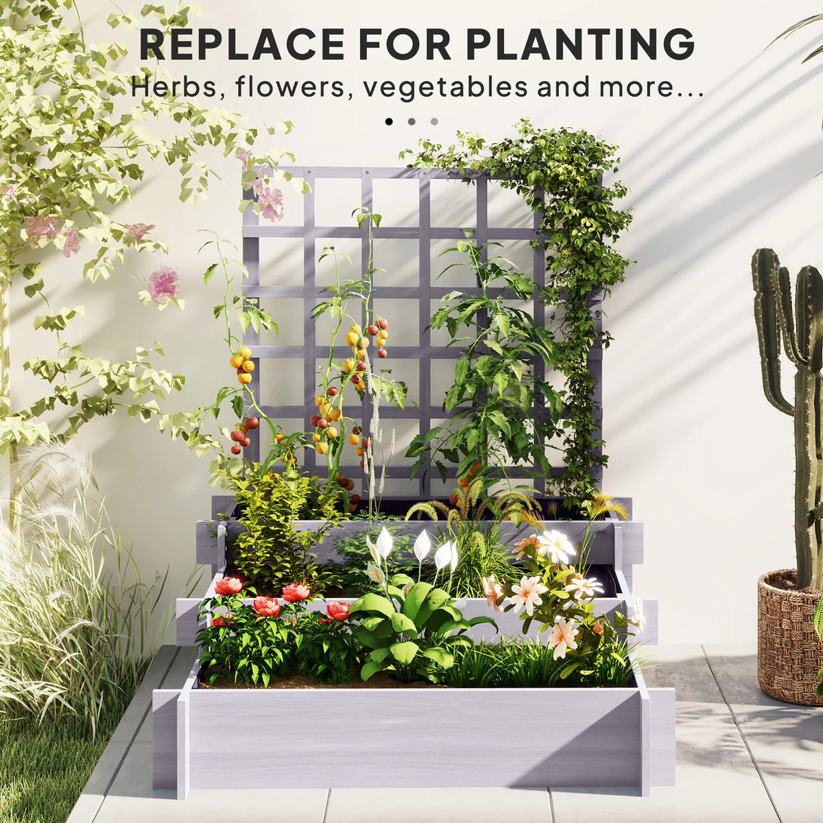 Grey trellis planter with layered raised beds for growing herbs and flowers