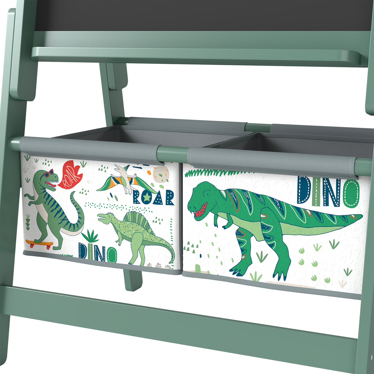 Art easel storage bins with dinosaur panels and rolling whiteboard tray, mint green